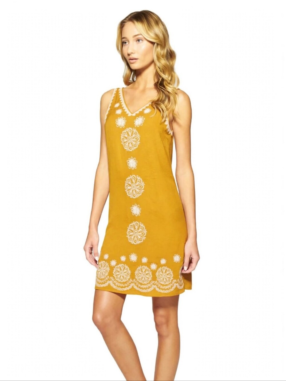 THML Women's Embroidered V-Neck Sleeveless Tunic Shift Boho Lined Dress Mustard